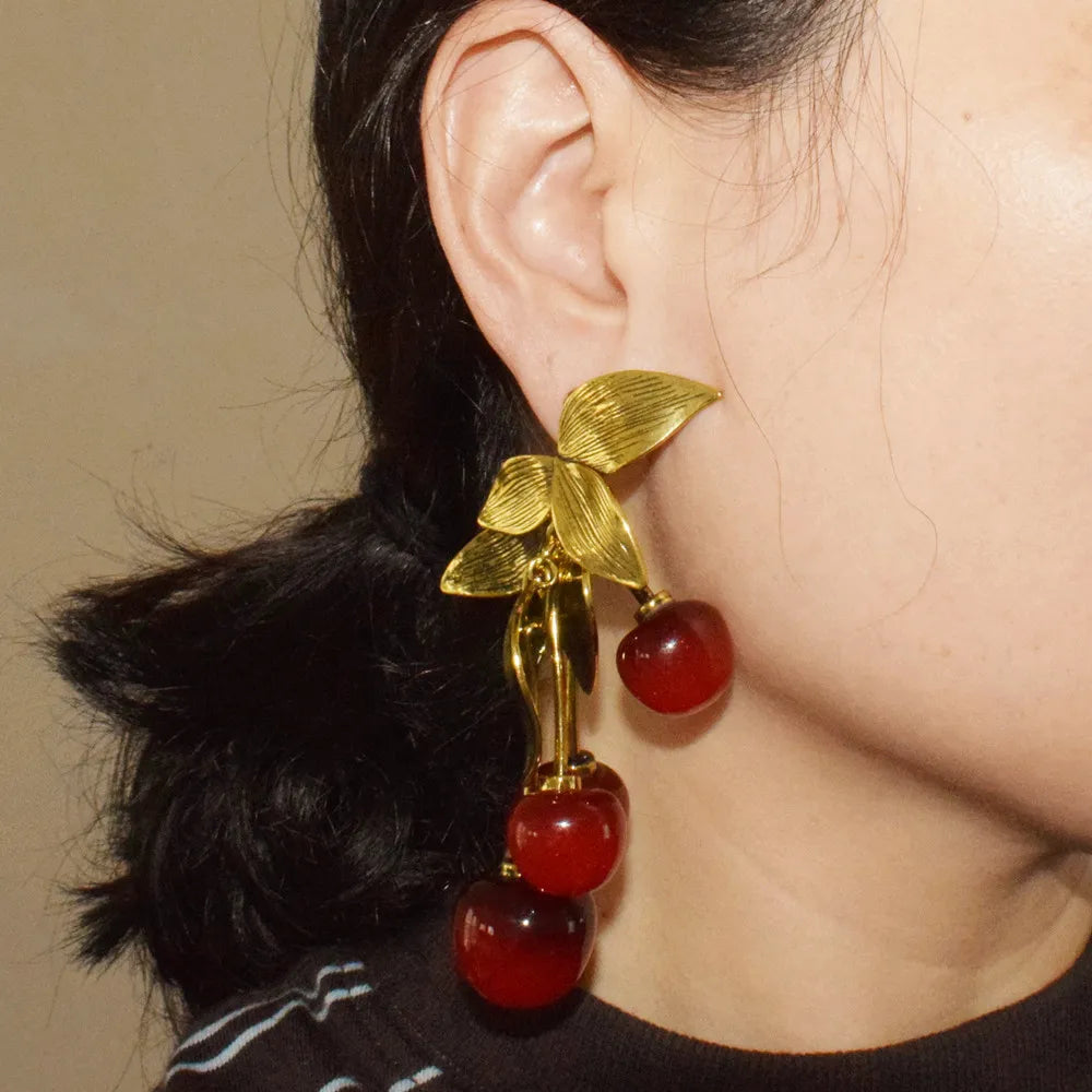 Vintage metal leaf and resin red cherry dangle earrings by HSF Marketplace
