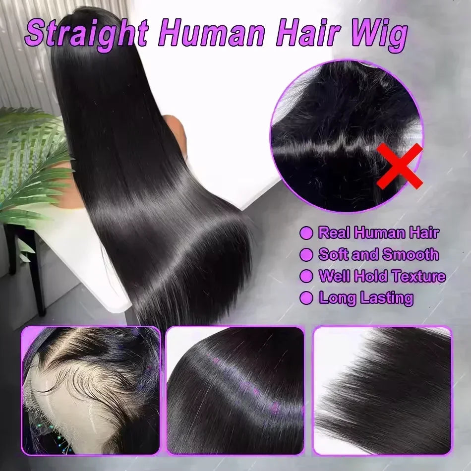 250 density 30-inch straight Brazilian human hair lace front wig with 13x4 HD lace and black finish