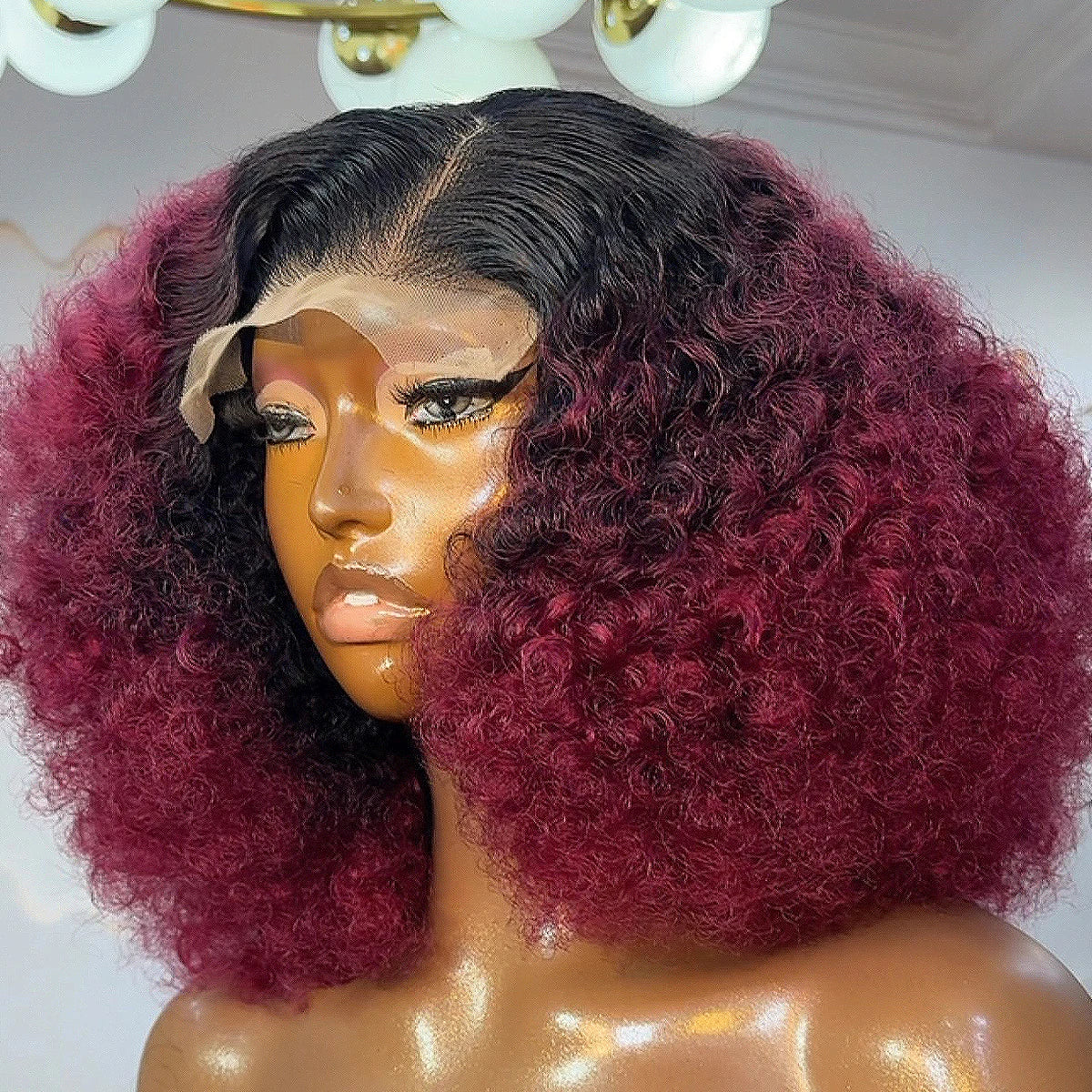 450 density burgundy red afro kinky curly bob wig with 13x4 HD lace front, preplucked 100% human hair