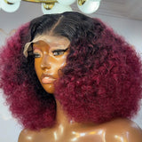 450 density burgundy red afro kinky curly bob wig with 13x4 HD lace front, preplucked 100% human hair