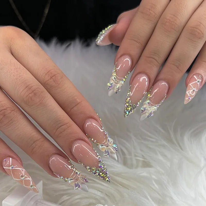 24-piece pink flower almond press-on false nails by HSF Marketplace 񟿿