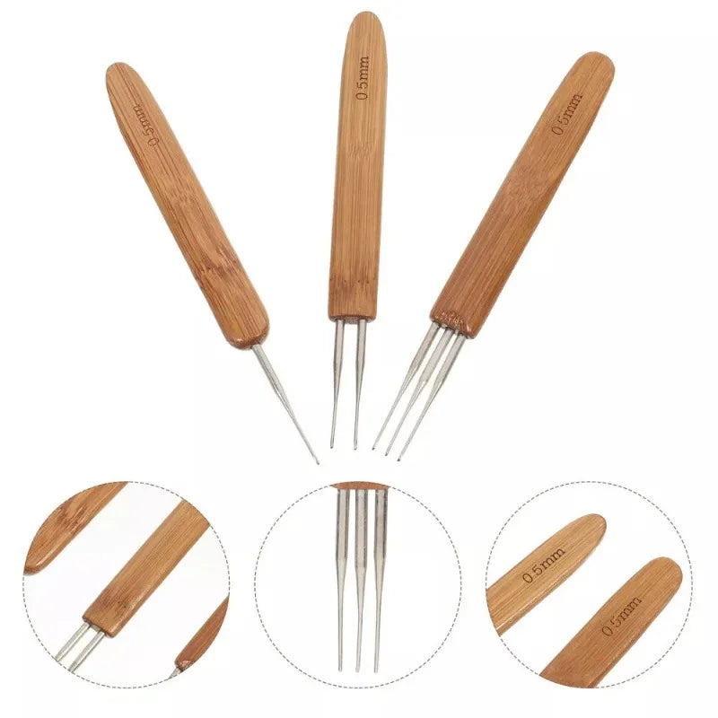 3pcs Dreadlock Crochet Hook Set 0.5MM Bamboo Handle Loc Needle Hair Dreads Crochet Hair Braiding Tools