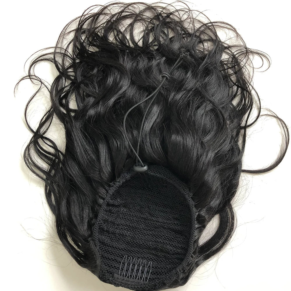 Brazilian human hair body wave drawstring ponytail extension, natural wave clip-in style in black, 10–28 inches