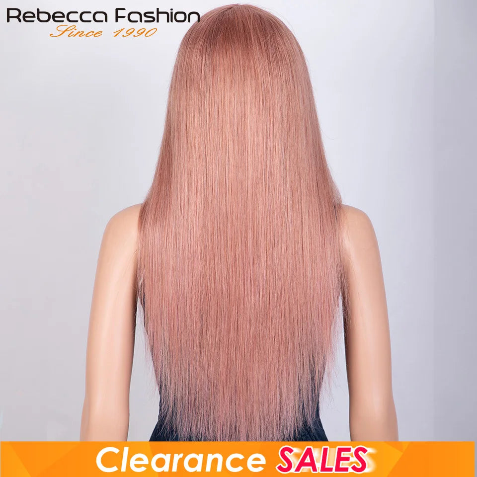 Straight dirty pink human hair wig with bangs, full machine-made design, for women, by HSF Marketplace