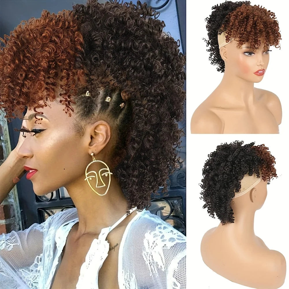 Chic afro curly mohawk wig with brown bangs, clip-in ponytail and high puff afro bun style for women