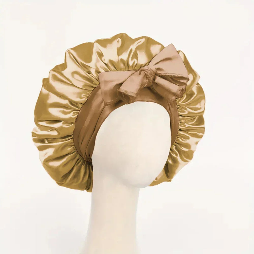 Silk satin adjustable sleep bonnet with tie band, ideal for women and men to protect hair during sleep, by HSF Marketplace.