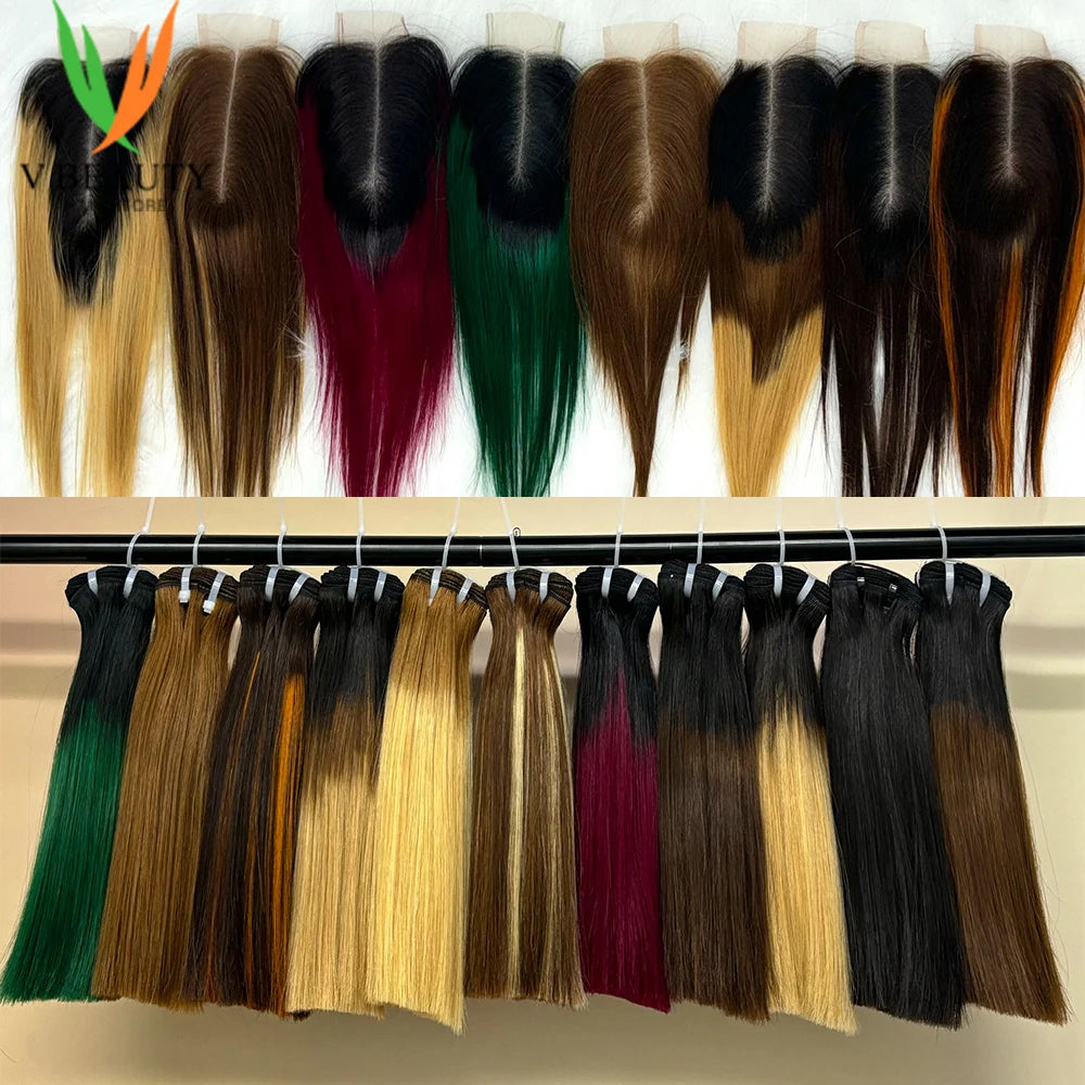 Two 6-inch lace closure and 8-10 inch colored Vietnamese human hair bundles with double drawn ombre Remy extensions from HSF Marketplace