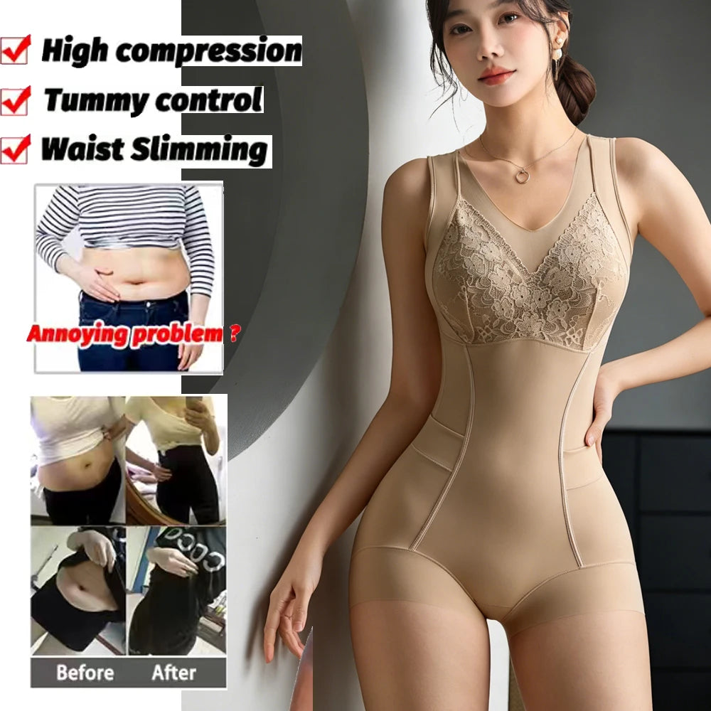 HSF Marketplace women’s body shapewear bodysuit with built-in bra, abdomen control, hip-open design, and applique