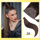 Yelo Remy human hair clip-on ponytail extension in straight blonde, brown, and black tones
