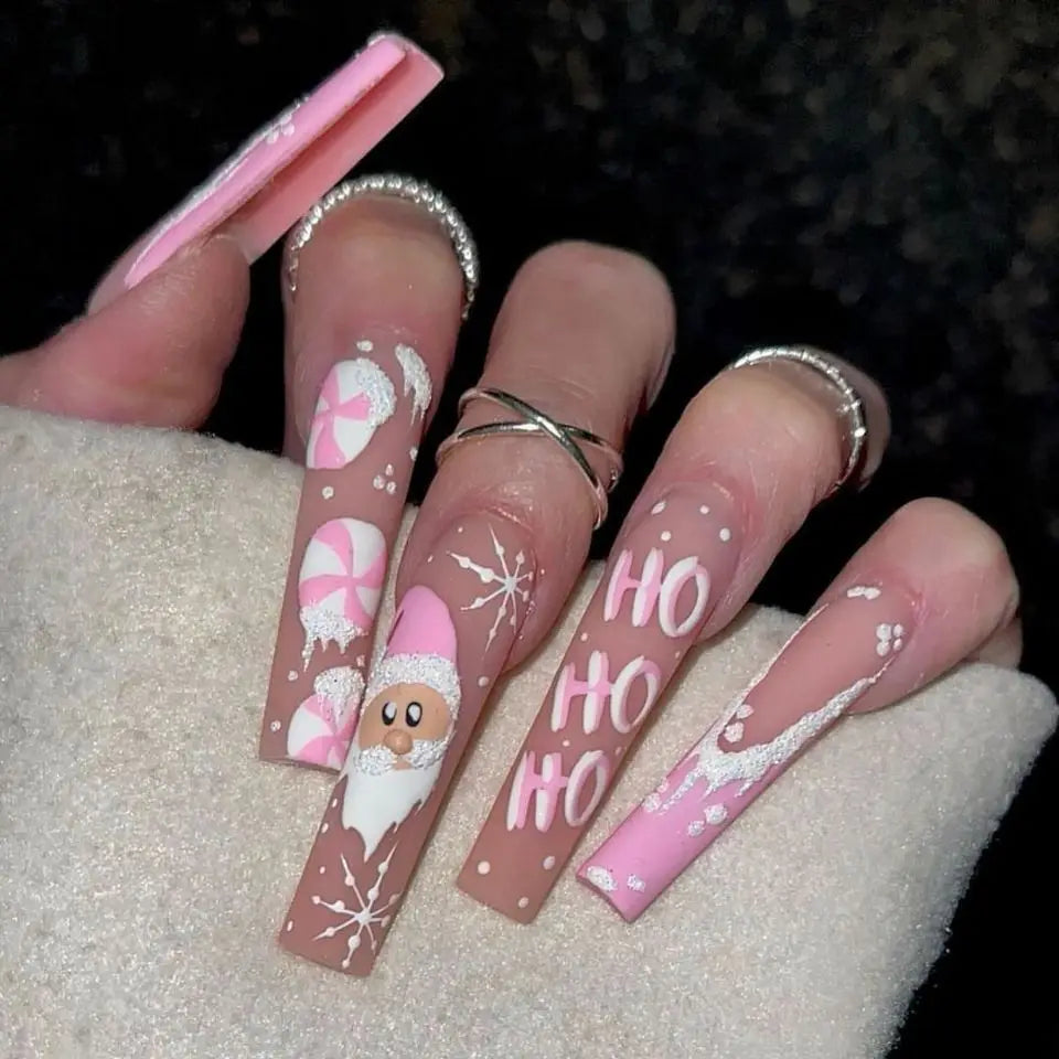 24-piece glitter pink HSF Marketplace false nails with Halloween skull and love print, wearable ballet press-on design