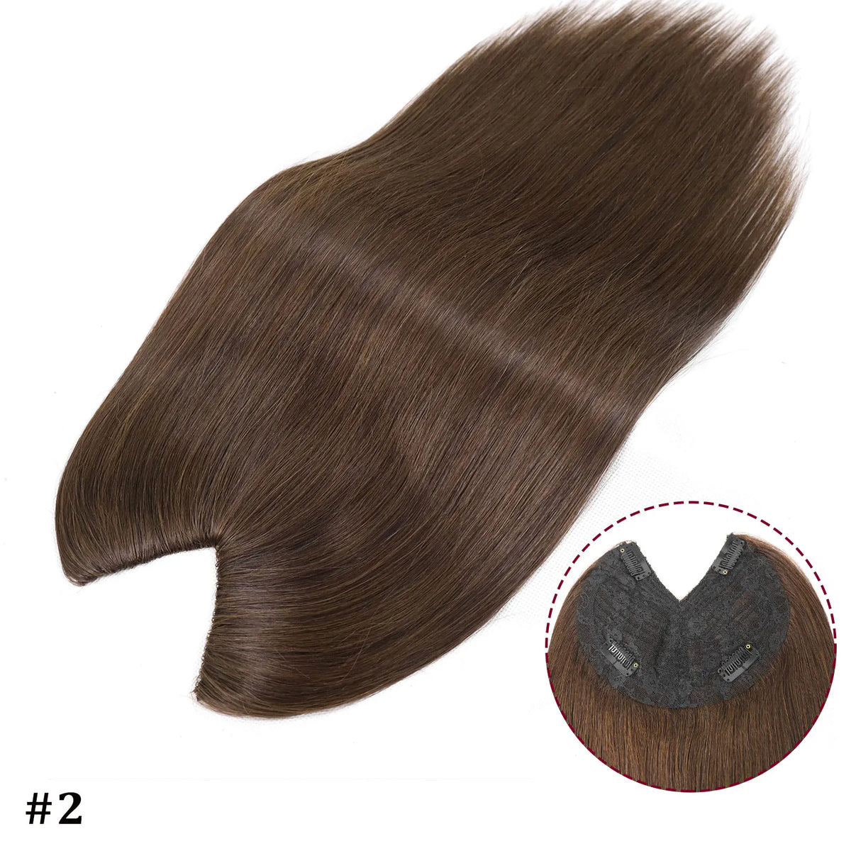 V shape clip-in human hair extensions in straight brown and blonde highlights, 16-inch Brazilian Remy hair topper