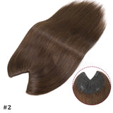 V shape clip-in human hair extensions in straight brown and blonde highlights, 16-inch Brazilian Remy hair topper