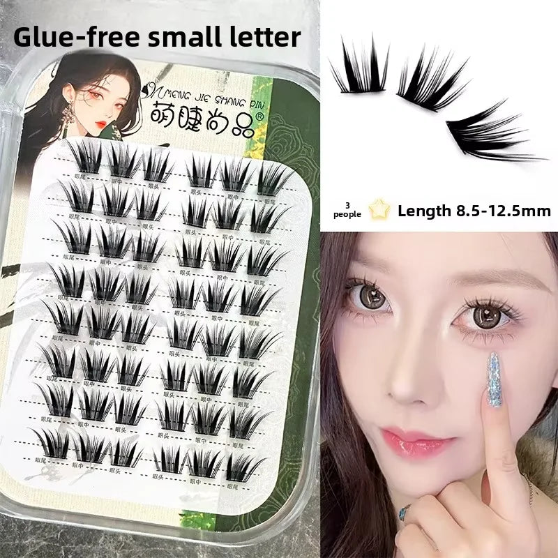 No Glue Self-Adhesive False Eyelashes - Dramatic Volume Natural Wispy Winged Fox Eye Manga Style Fluffy Cat Eye Lashes 7-12mm