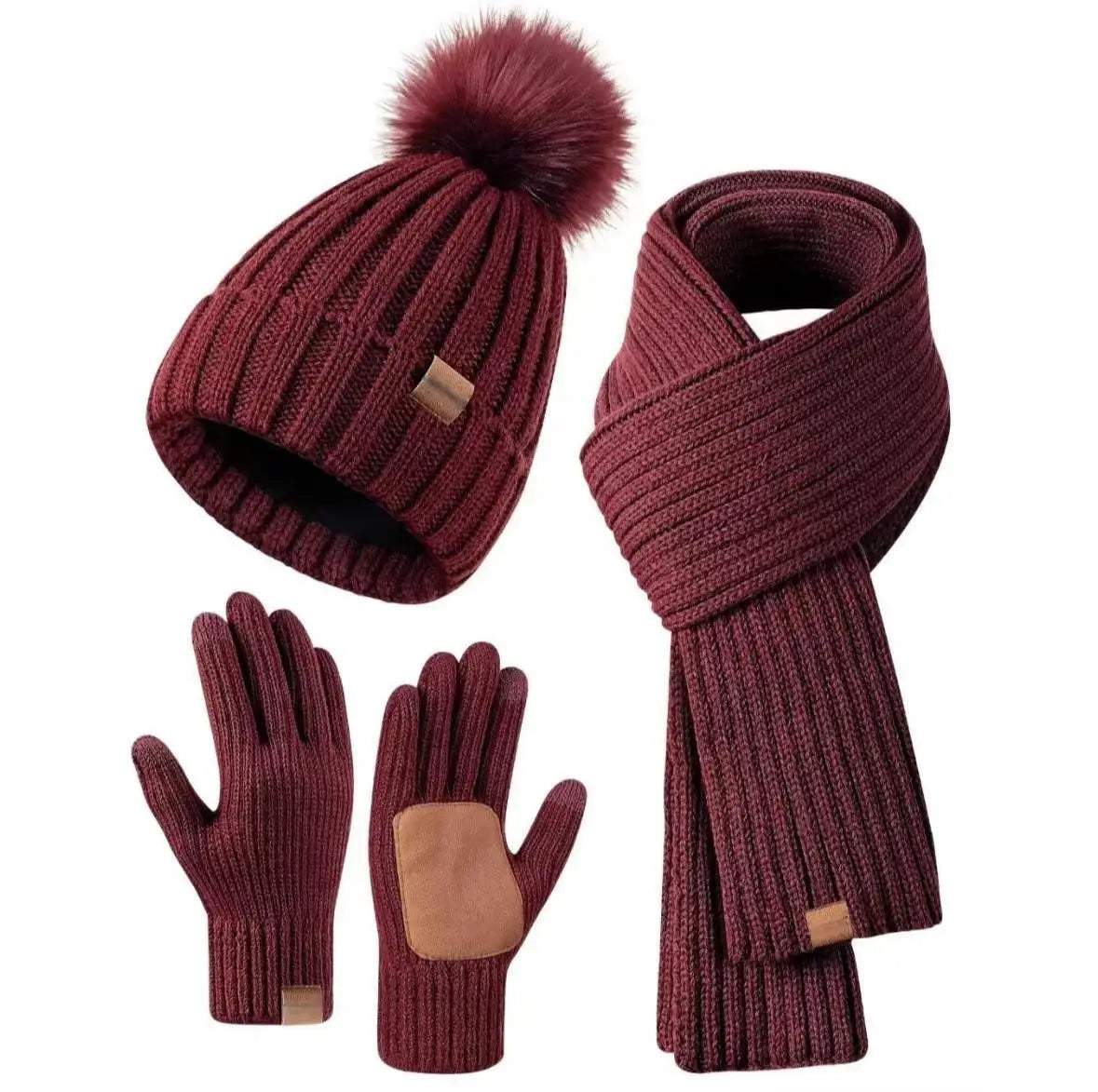 Women's warm winter touchscreen gloves, hat and scarf set from HSF Marketplace in a coordinated cold-weather design