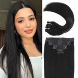 120g 8-piece Brazilian Remy virgin human hair clip-in extensions in natural black, straight style