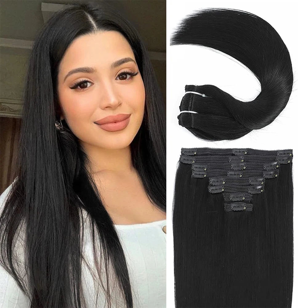 120g 8-piece Brazilian Remy virgin human hair clip-in extensions in natural black, straight style