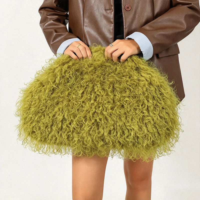 Women’s faux fur clutch bag with kisslock frame, large capacity fuzzy winter purse, ideal for parties and evening outings.