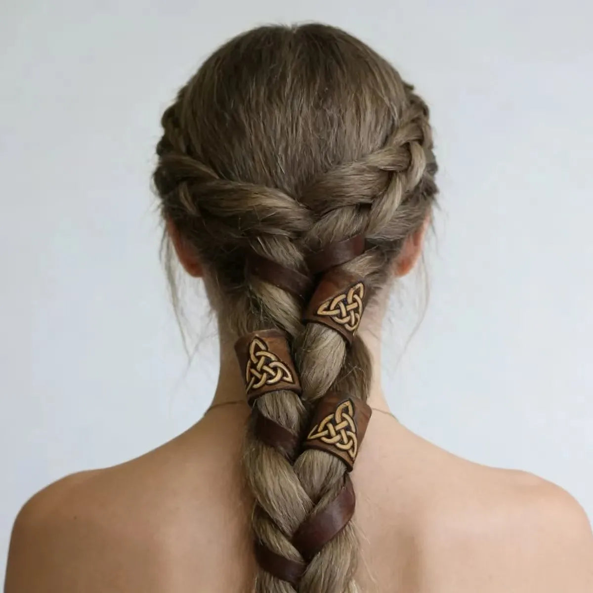 Viking hair beads for braids with Celtic knot leather hair cuff in brown and gold tones
