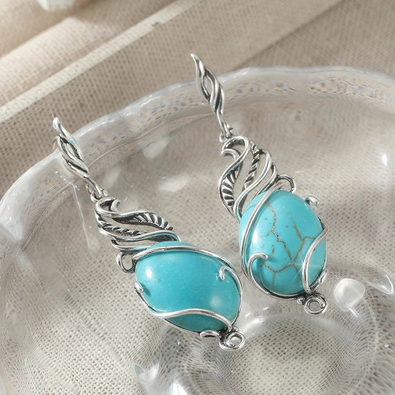Bohemian turquoise drop earrings for women, vintage silver-style HSF jewelry with dangling stone details