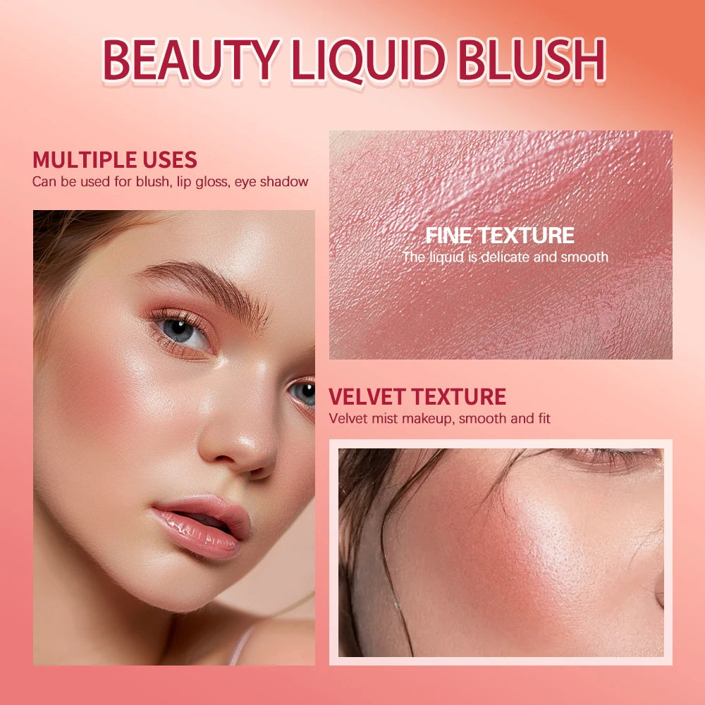 Liquid blush makeup with creamy texture, high-pigment long-lasting color, and moisturizing formula in a compact tube