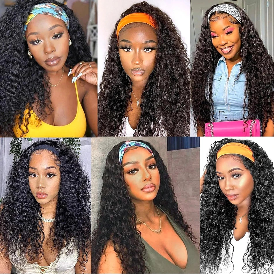 HSF Marketplace human hair water wave curly headband wig with glueless half-wig design