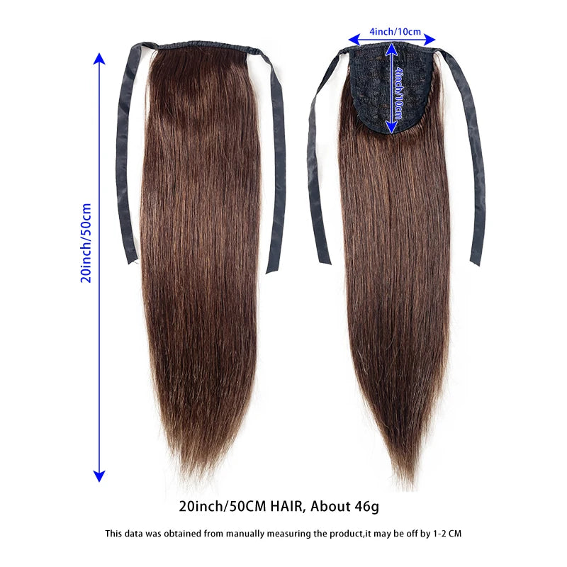 20-inch 100% human hair wrap-around strap ponytail extension, long straight natural hairpiece for women