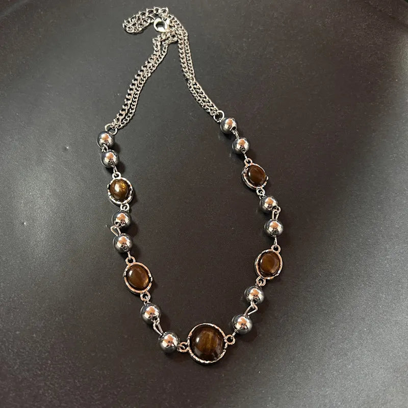 Vintage brown leather stone pendant necklace for women by HSF Marketplace