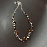 Vintage brown leather stone pendant necklace for women by HSF Marketplace
