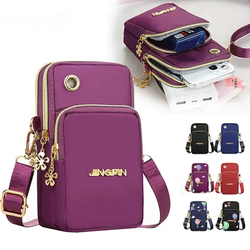 Women's HSF Marketplace crossbody mini bag with three layers, coin pocket, and shoulder strap, suitable for running and casual use.