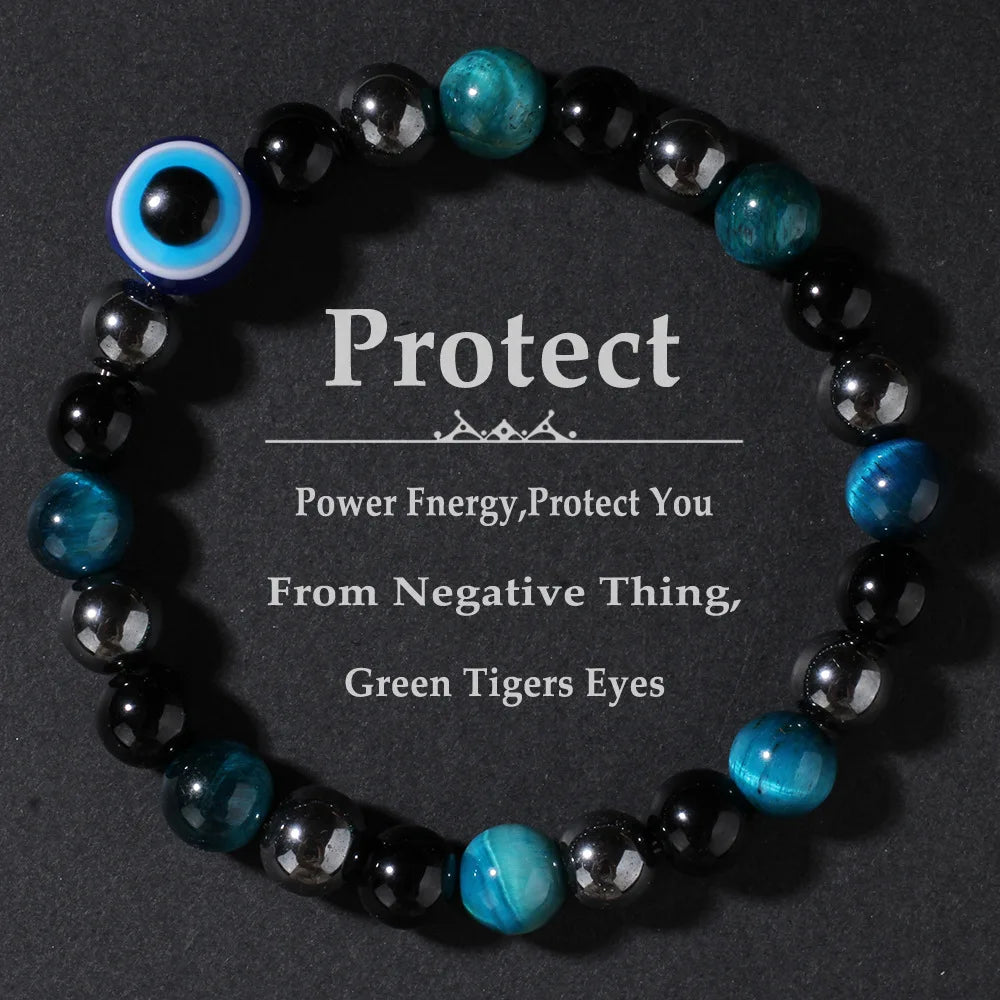 Triple Protection Bracelet, Blue Tigers Eye Black Bile Obsidian Evil Eye Beaded Bracelet, Handmade Stretch Beaded Bracelets