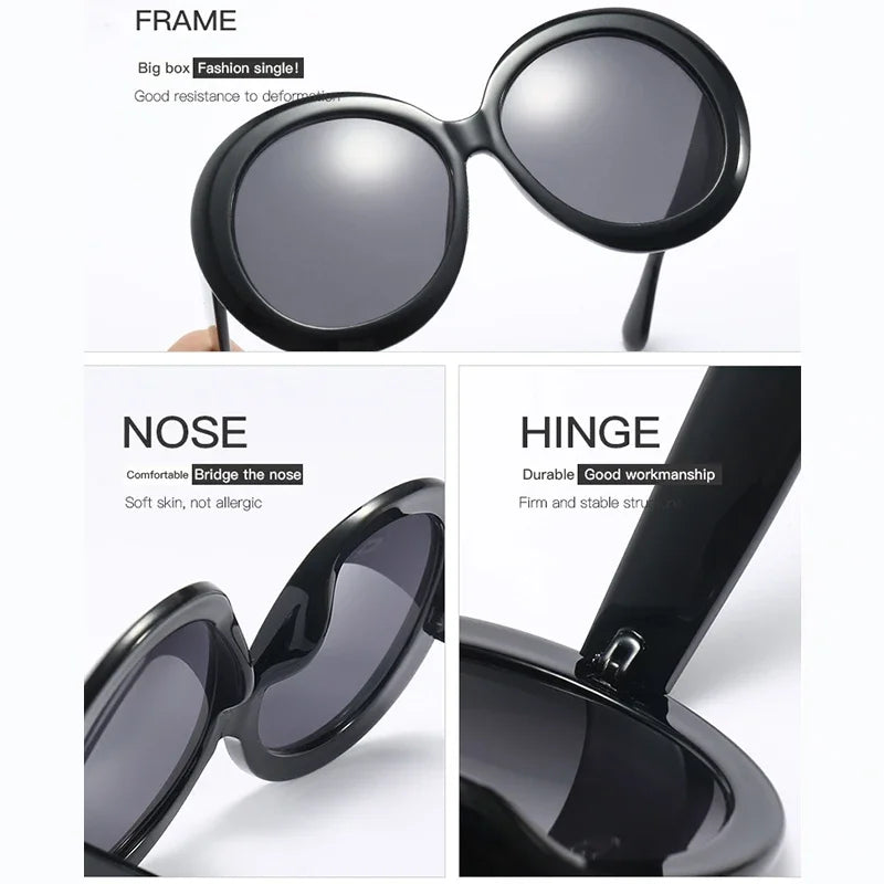 Large round sunglasses for women and men by HSF Marketplace, oversized luxury brand sun glasses with big frame design.