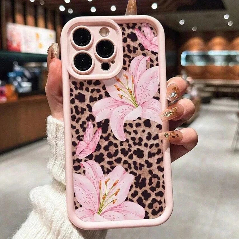 Pink lily and leopard print HSF Marketplace iPhone case with stylish protective design