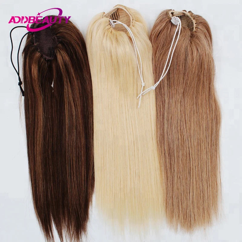 Straight human hair drawstring ponytail hairpiece with clips for women, natural wrapped-around horsetail style
