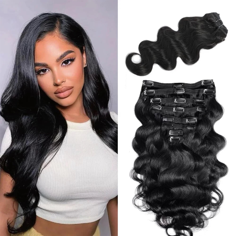 Body wave Brazilian human hair clip-in extensions, 8-piece double weft set in black shade #1B