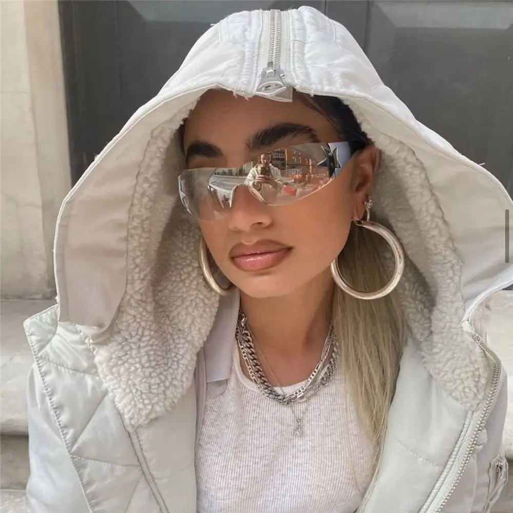 Y2K rimless punk sunglasses by HSF Marketplace, wrap-around design, unisex luxury eyewear, sporty one-piece shades with bold style