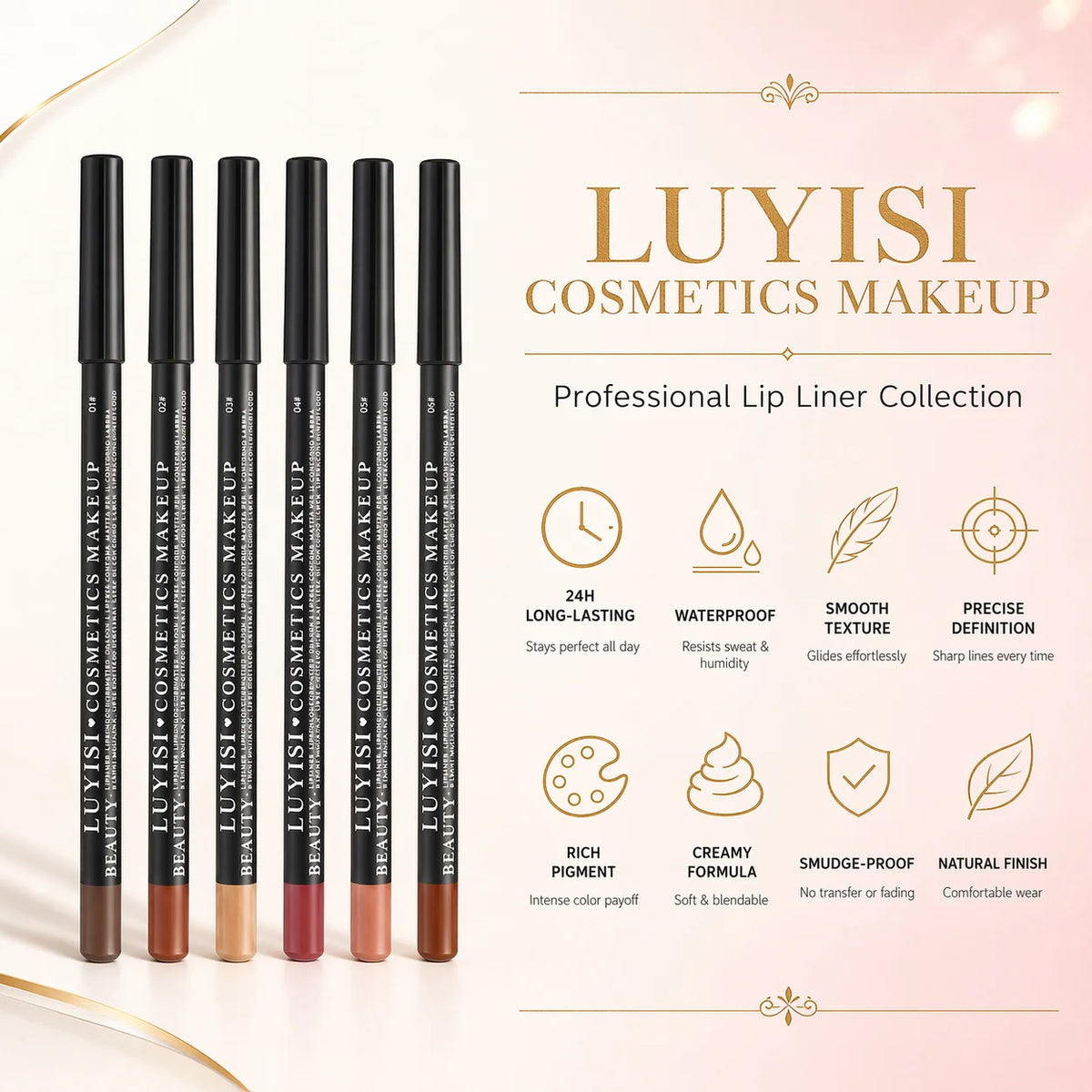 Waterproof brown nude lip liner and smudge-proof eyeliner pencil with highly pigmented, smooth glide for defining lips and eyes.