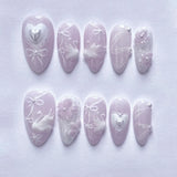 Pink almond false nail patches with bowknots, love hearts and pearl design, 24-piece detachable press-on nails
