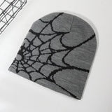 Women's HSF Marketplace skull beanie hat with knitting spider web design, pullover pile cap for goth streetwear outfits