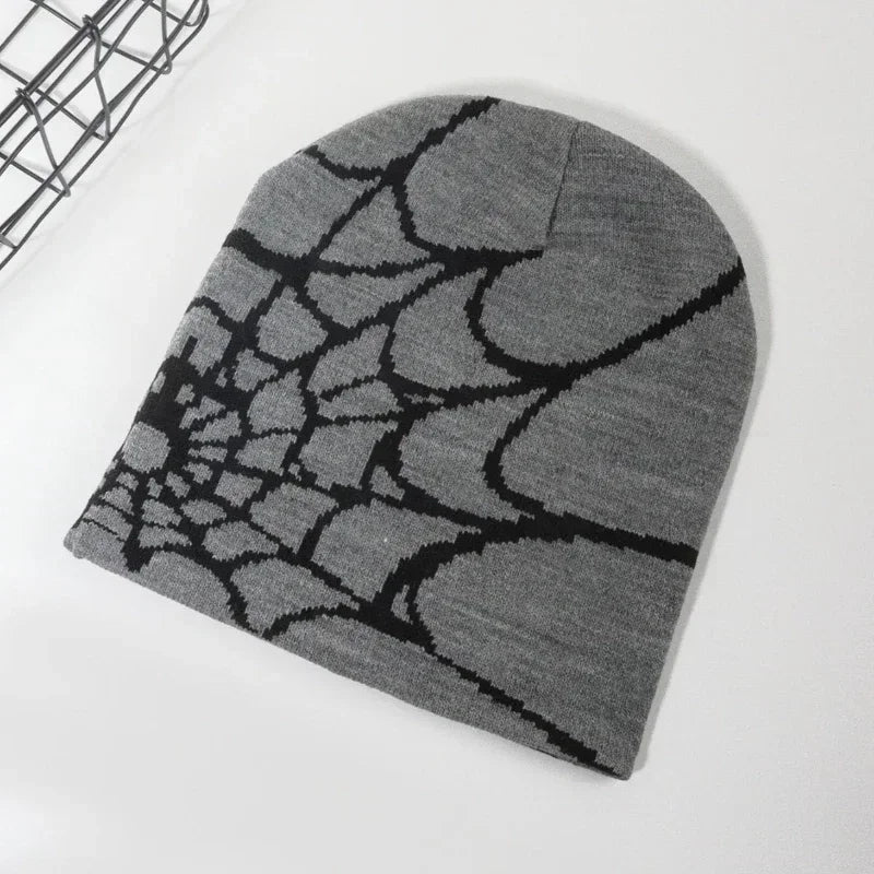 Women's HSF Marketplace skull beanie hat with knitting spider web design, pullover pile cap for goth streetwear outfits