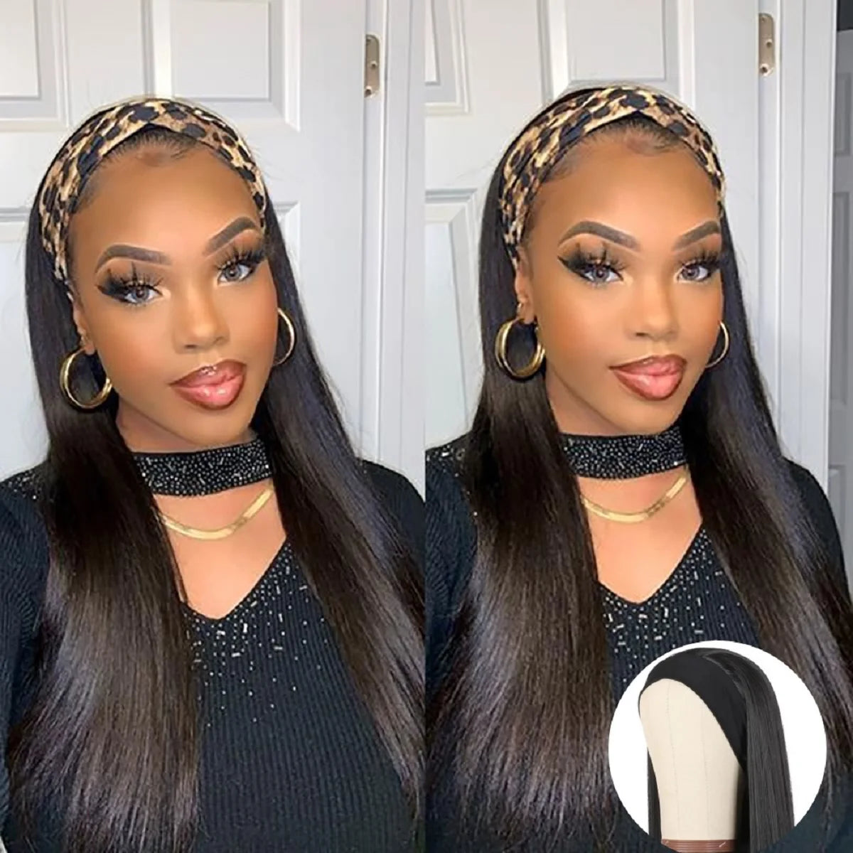 HSF Marketplace 18-inch straight human hair headband wig, natural color, 200% density, machine-made half wig