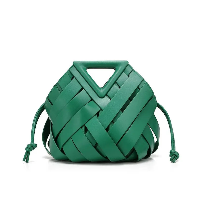 Trendy vegan leather woven tote bag for women featuring top handles and a crossbody strap, stylish and spacious handbag.