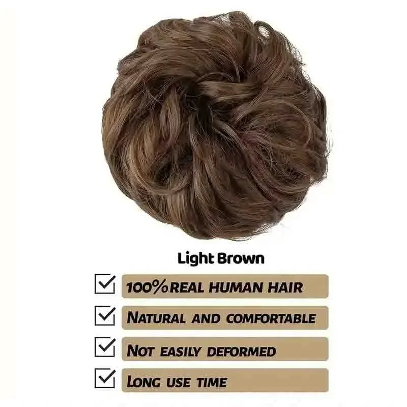 Real human hair messy bun scrunchie in curly wavy style for women's ponytail updo extension