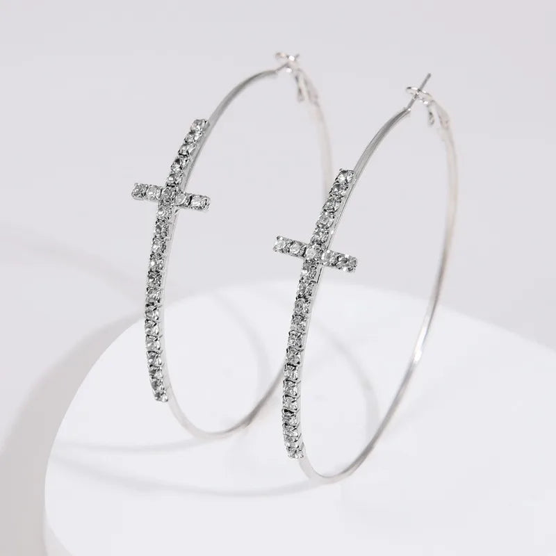 Shiny geometric circle cross hoop earrings with rhinestone accents for women, HSF Marketplace jewelry