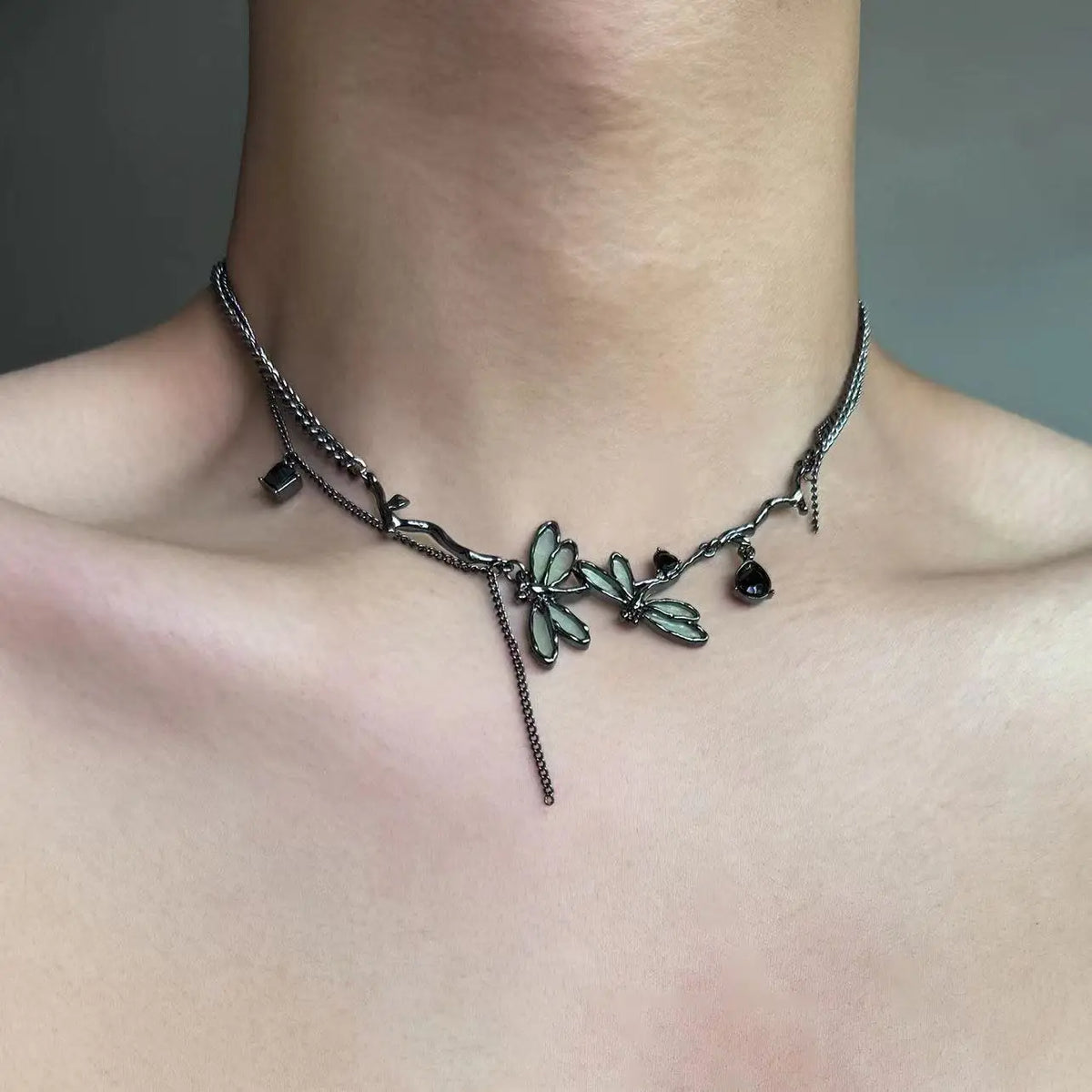 Gothic black dragonfly necklace with tassels for women, HSF Marketplace jewelry