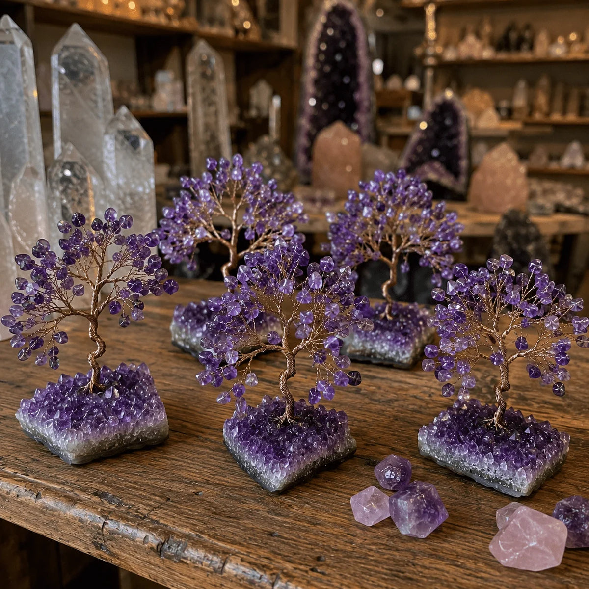 Random natural amethyst cluster tree handmade crystal sculpture, suitable for desktop decoration, office ornaments, unique gifts