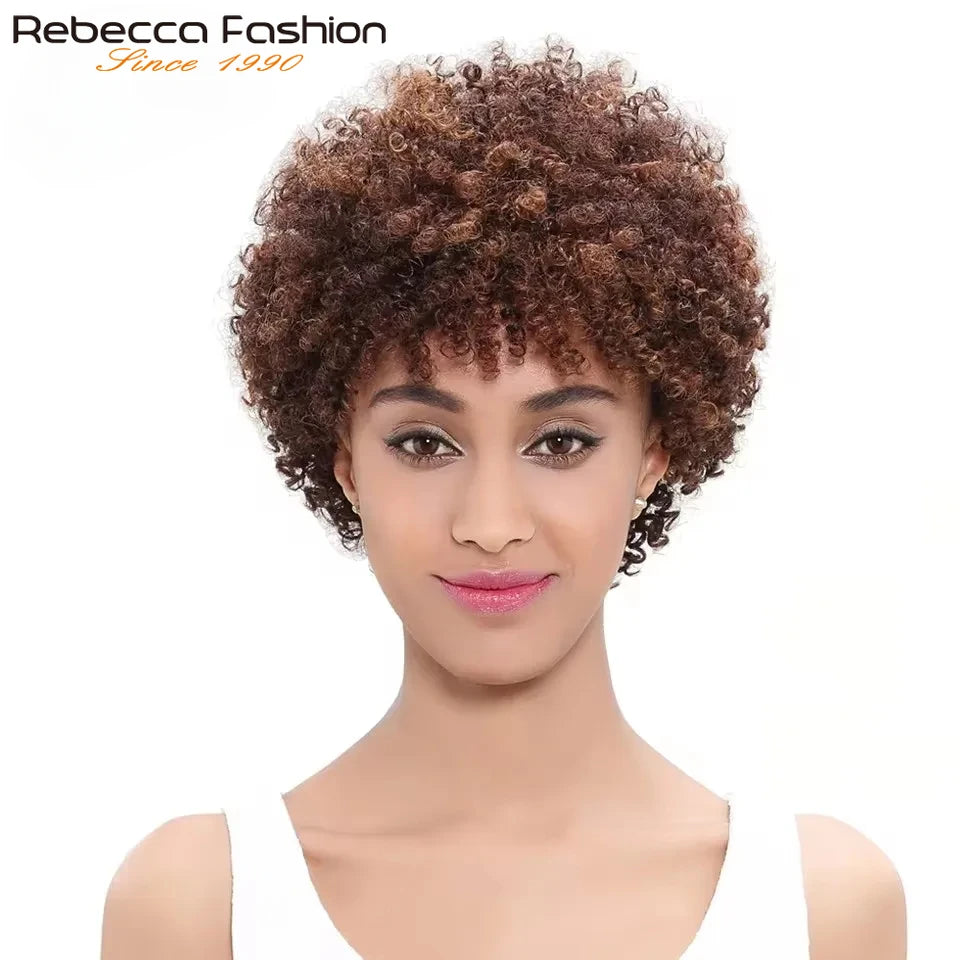 Rebecca Brazilian Afro Kinky Curly Human Hair Wig in dark brown with full, short, machine-made style featuring natural Remy human hair.