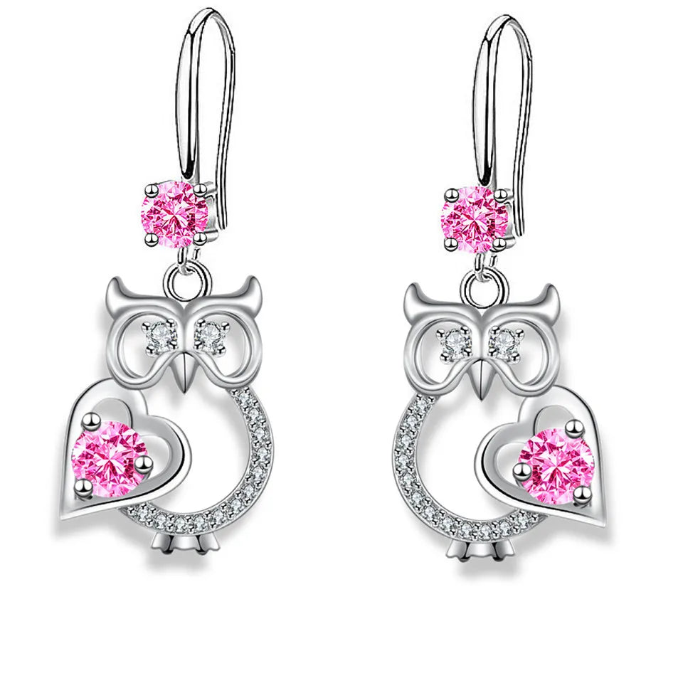 Cute silver owl drop earrings with colorful zircon for women by HSF Marketplace