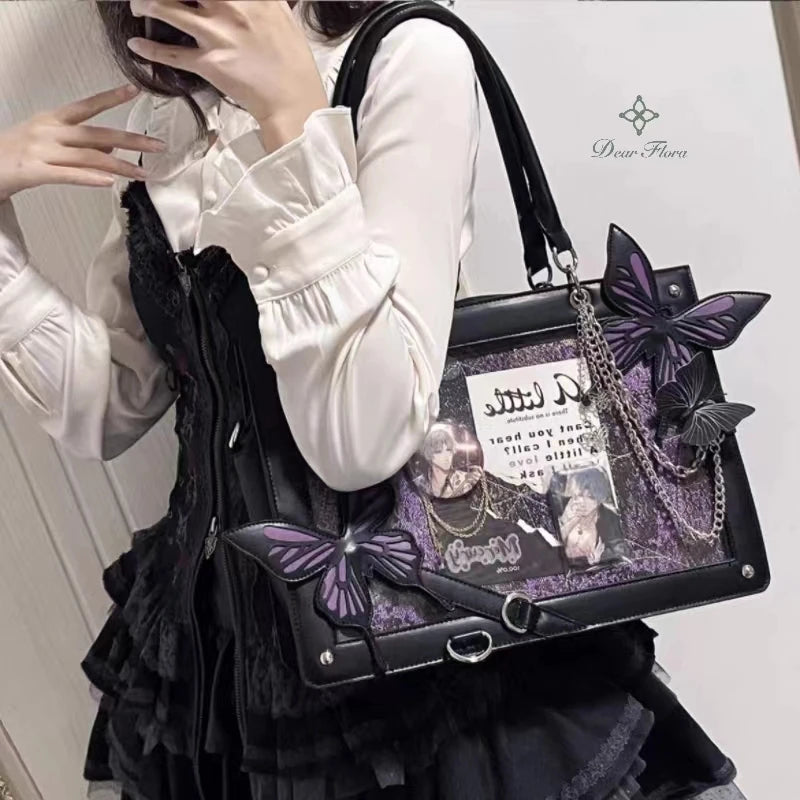 Y2K butterfly spider web chain handbag, vintage gothic tote in black by HSF Marketplace