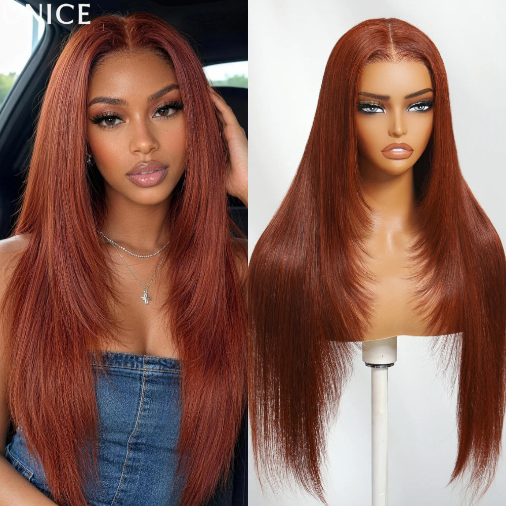 Layered reddish brown straight human hair wig, HSF Marketplace human hair wig profile view