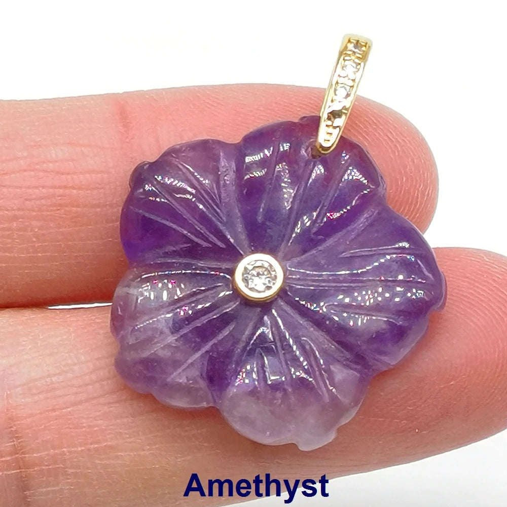 26mm Flower Shape Carved Natural Crystal Stones Amethyst Rose Quartz Tiger Eye Gemstone for Diy Necklace Pendant
